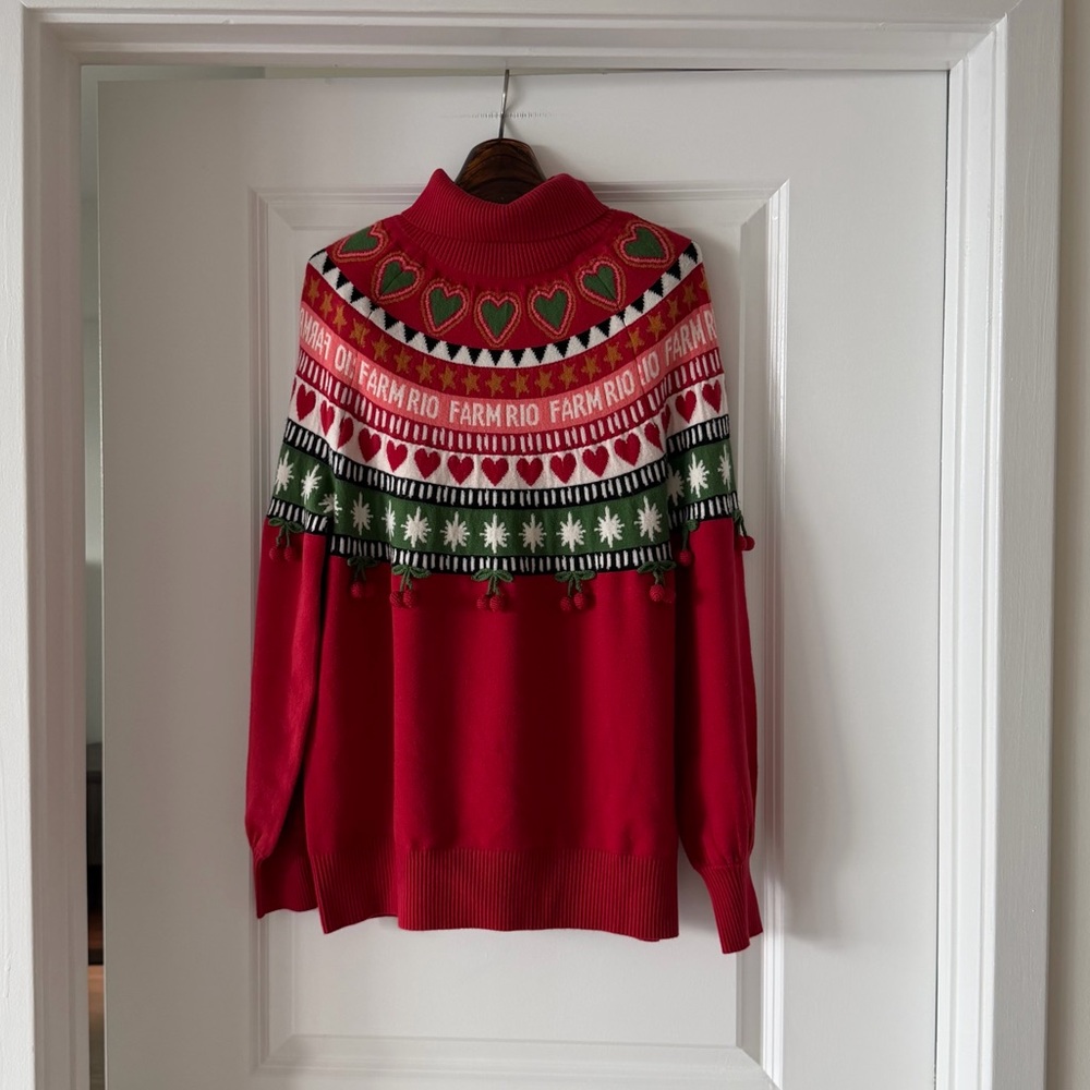 Farm Rio Red Christmas Hearts Knit Sweater - Picture 3 of 6